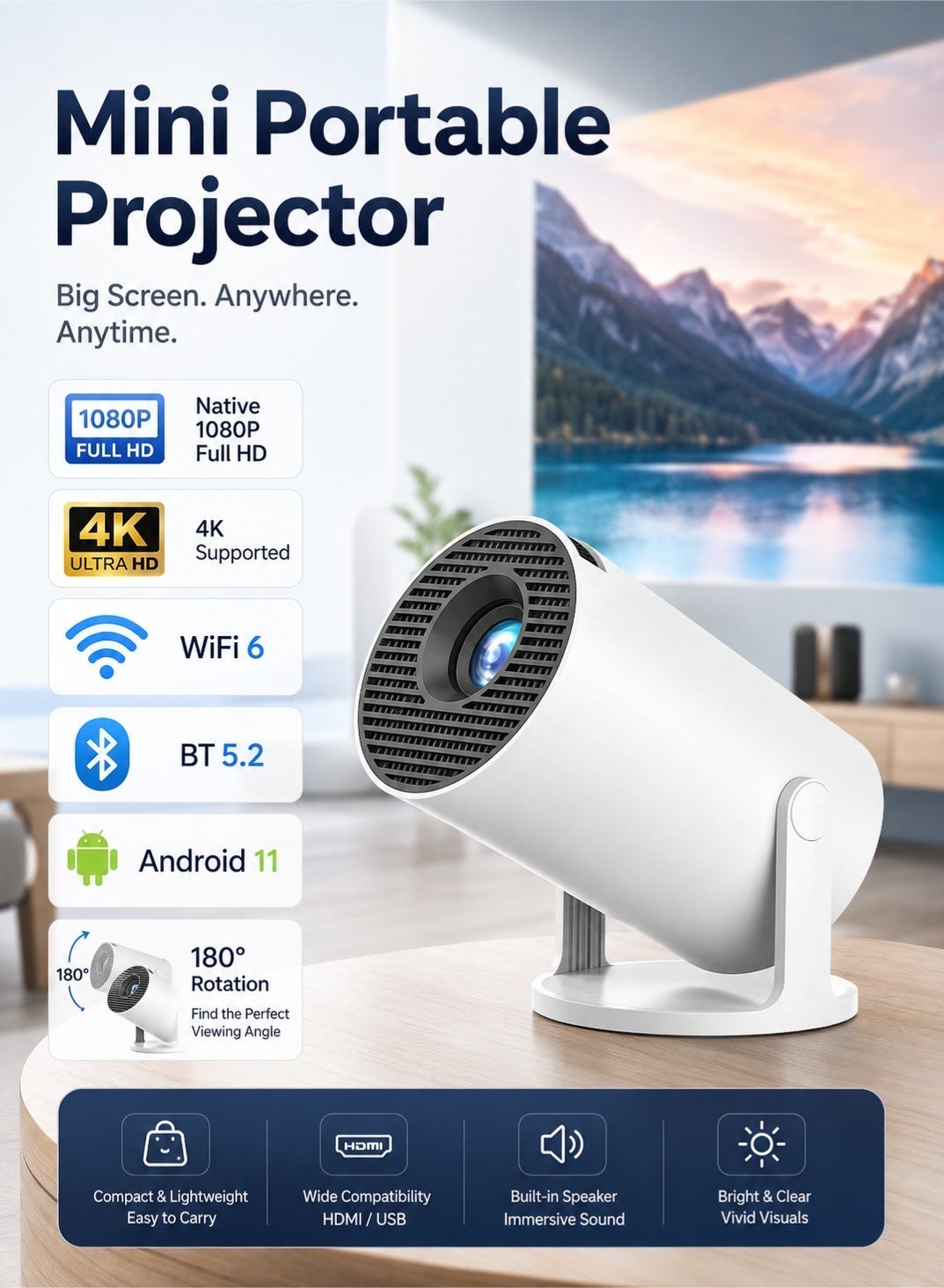 Mini Portable Projector 4K Supported | WiFi 6 Bluetooth…