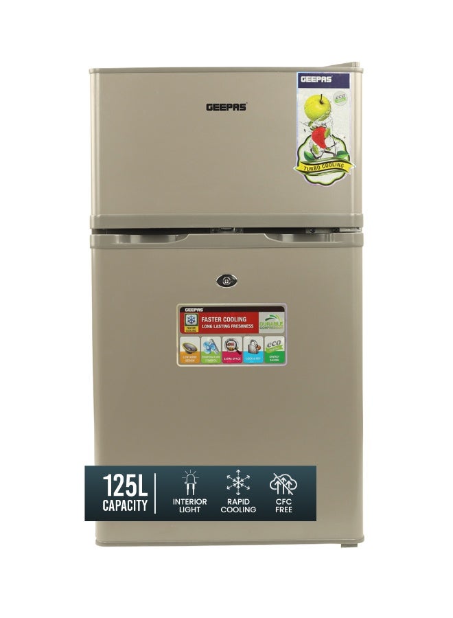 Compare 125L Gross85L Net Capacity, Double Door Defrost Refrigerator With Rapid Cooling Function, Tropic Type, CFC Free, Interior Lamp, Adjustable Leg, Hook & Key, Outside Condenser,  25L Freezer capacity GRF1259GPE Metallic grey at KSA Price