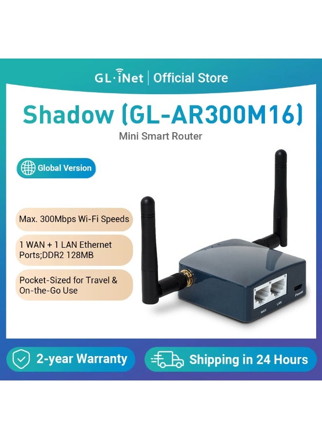 Compare GL.iNet GLAR300M16Ext Shadow Portable Mini Travel Wireless Pocket Router – WiFi Router | OpenWrt | 2× Ethernet Ports | OpenVPNWireguard VPN for Public & Hotel WiFi | USB 2.0 Port | 2× External Antennas at KSA Price