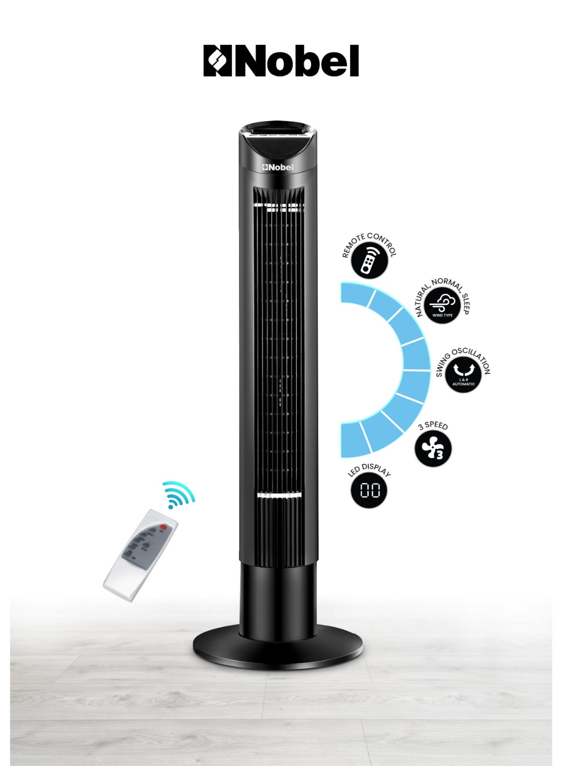 Compare Tower Fan with Remote Control, 3 Wind Speeds, 15H Timer, Oscillation, LED Display Black – 1 Year Warranty NTF300R Black at KSA Price