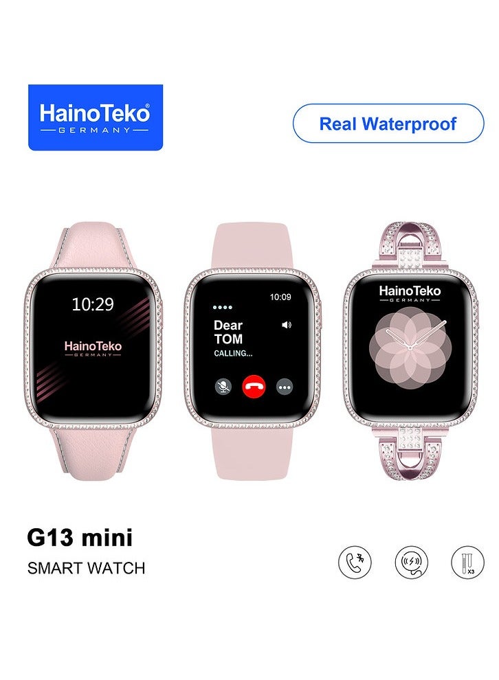 Compare Haino Teko Germany G13 Mini Smart Watch With Real Water Proof Eddition, Super Amoled Display, 3 Straps Options Leather, Silicone And Stainless steel Along Wireless Charger Make Bluetooth Call Pink at KSA Price