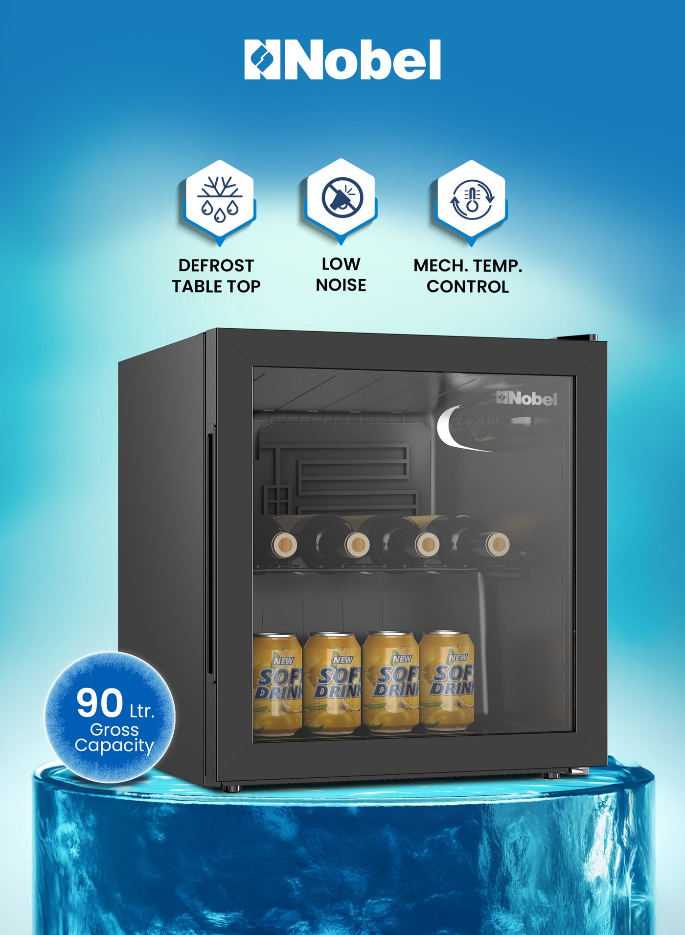 Compare Nobel 90L Gross  47L Net Single Glass Door Bottle Chiller Mechanical Control, R600a, Tabletop NBC90RH 1 Year Warranty 50 L 400 kW NBC90RH BLACK at KSA Price