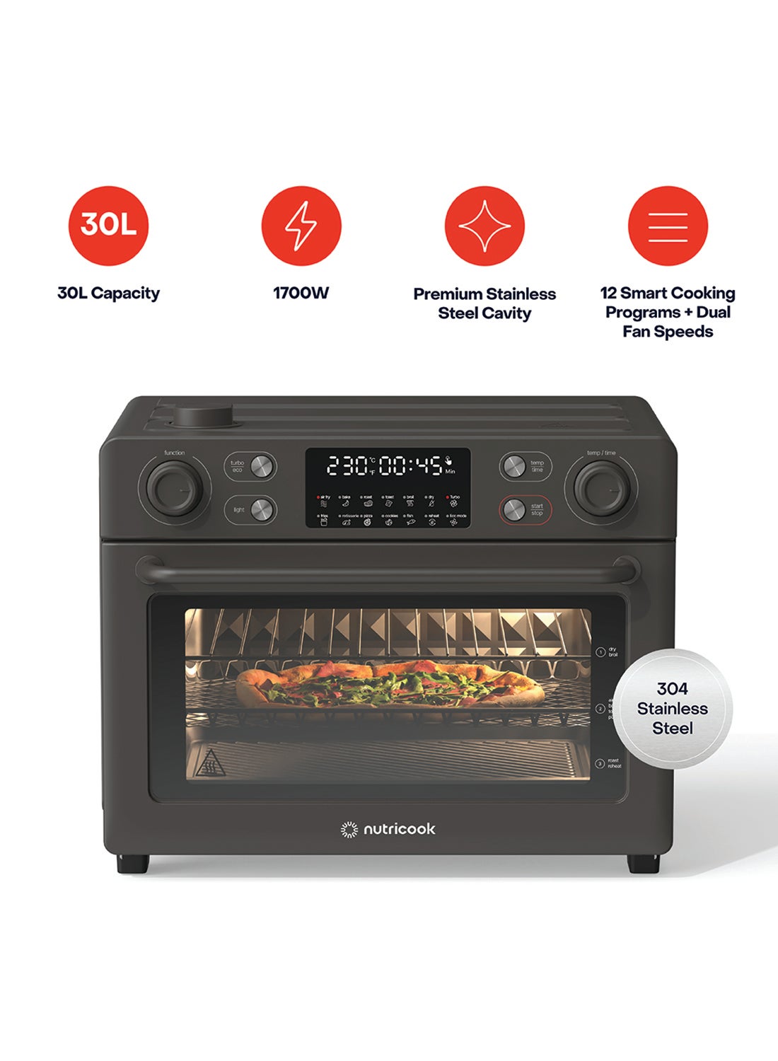 Compare Air Fryer + Toaster Oven – 30L Stainless Steel Oven with Rotisserie, SteamInfused Cooking, 12 Smart Programs, Dual Fan Speeds, 6 Heating Elements, CrystalClear Window, 2Year Warranty 30 L 1700 W NCAFTO330K Black at KSA Price