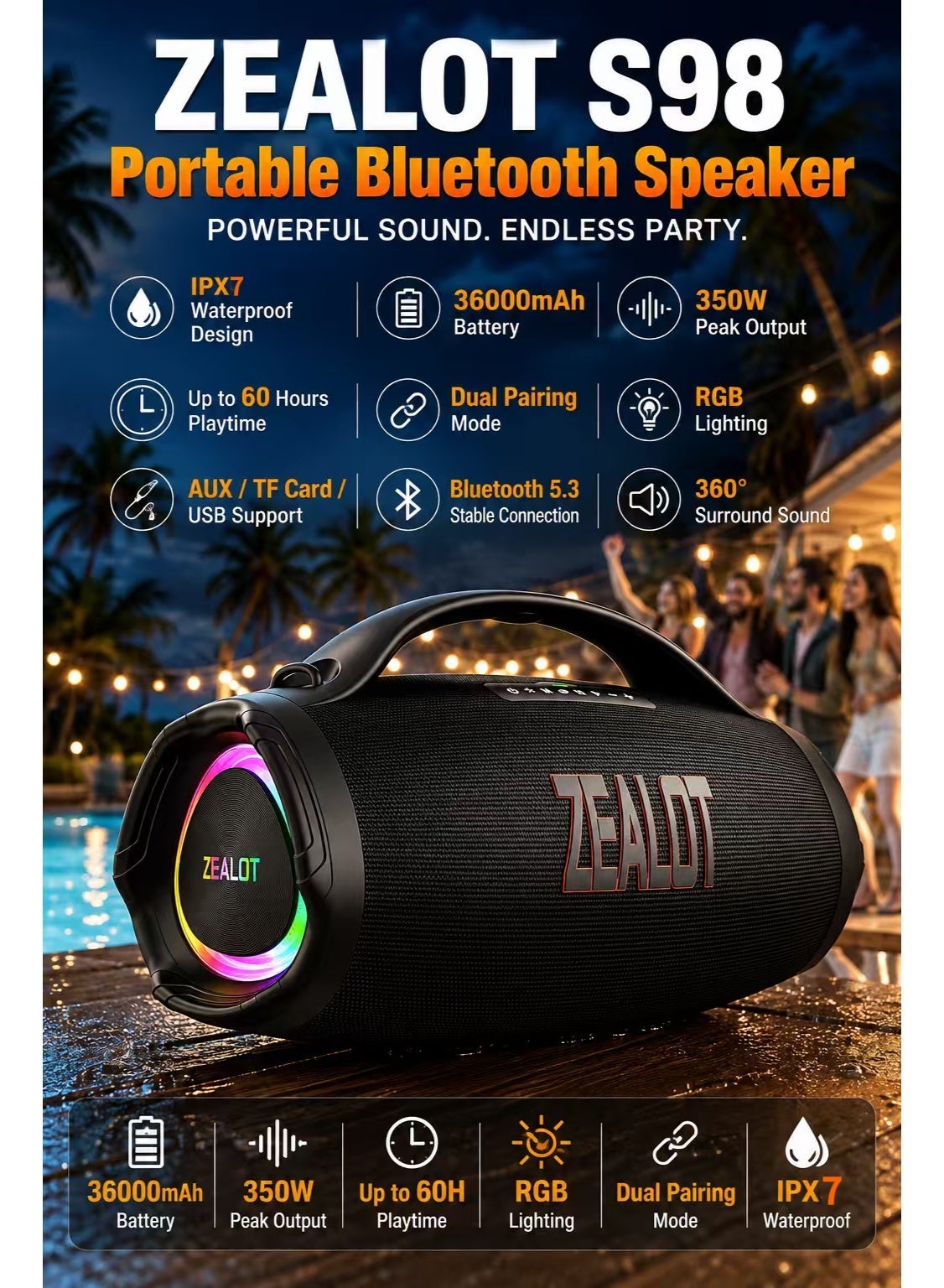 Compare ZEALOT S98 350W Bluetooth Speaker Powerful High Power With Sunning Deep Bass 36000mAh Battery Power Bank Function RGB Colorful Lights 3 Different EQ Modes For Varied Sound Experiences at KSA Price