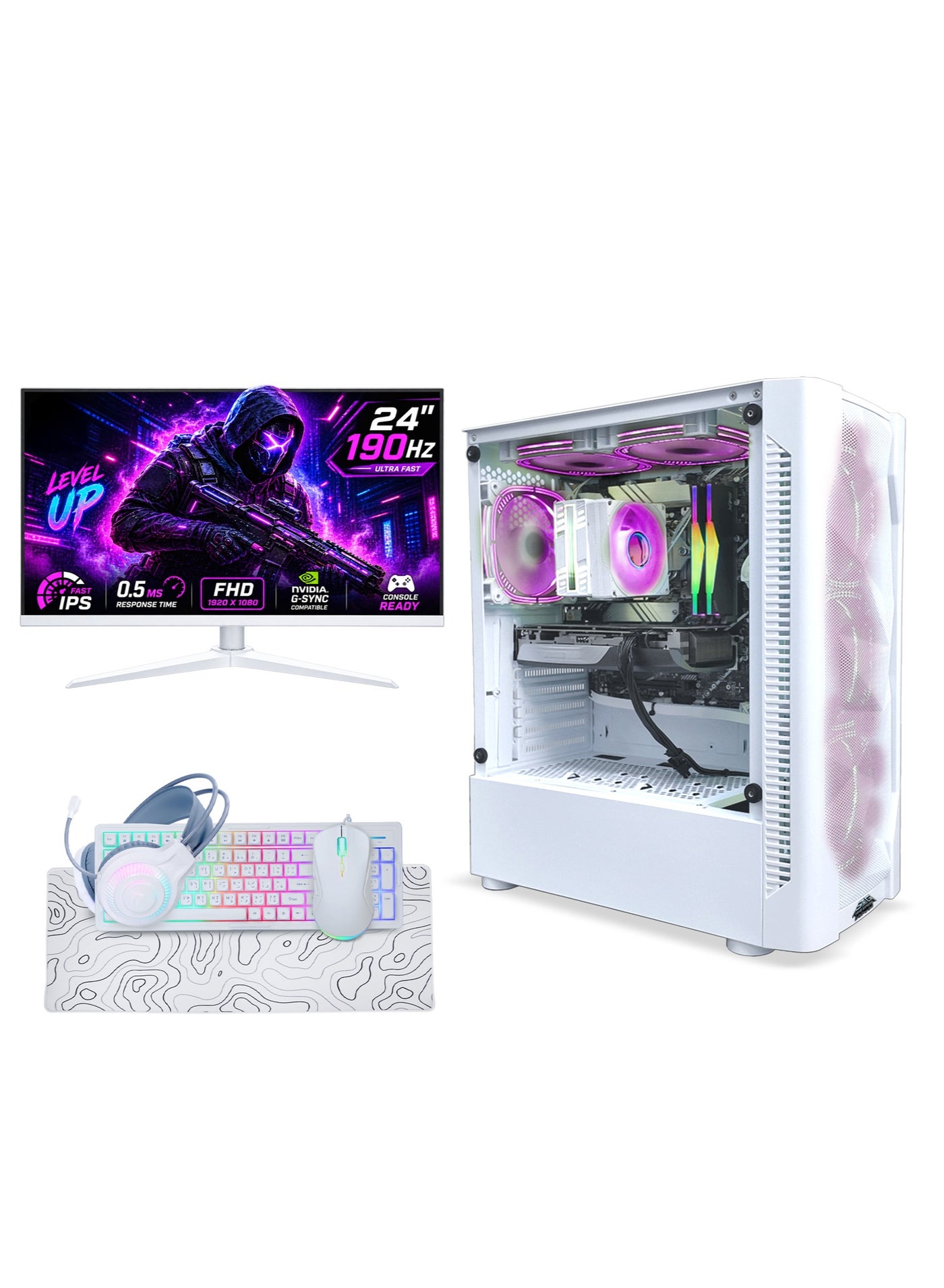 Compare AllinOne Gaming PC Bundle  Intel Core i512400F, NVIDIA GeForce RTX 5060 Ti 8GB, 16GB RAM, 1TB NVMe SSD, 24 FHD 190Hz Monitor, Keyboard Mouse Headset Combo, Windows 11 Pro  White at KSA Price