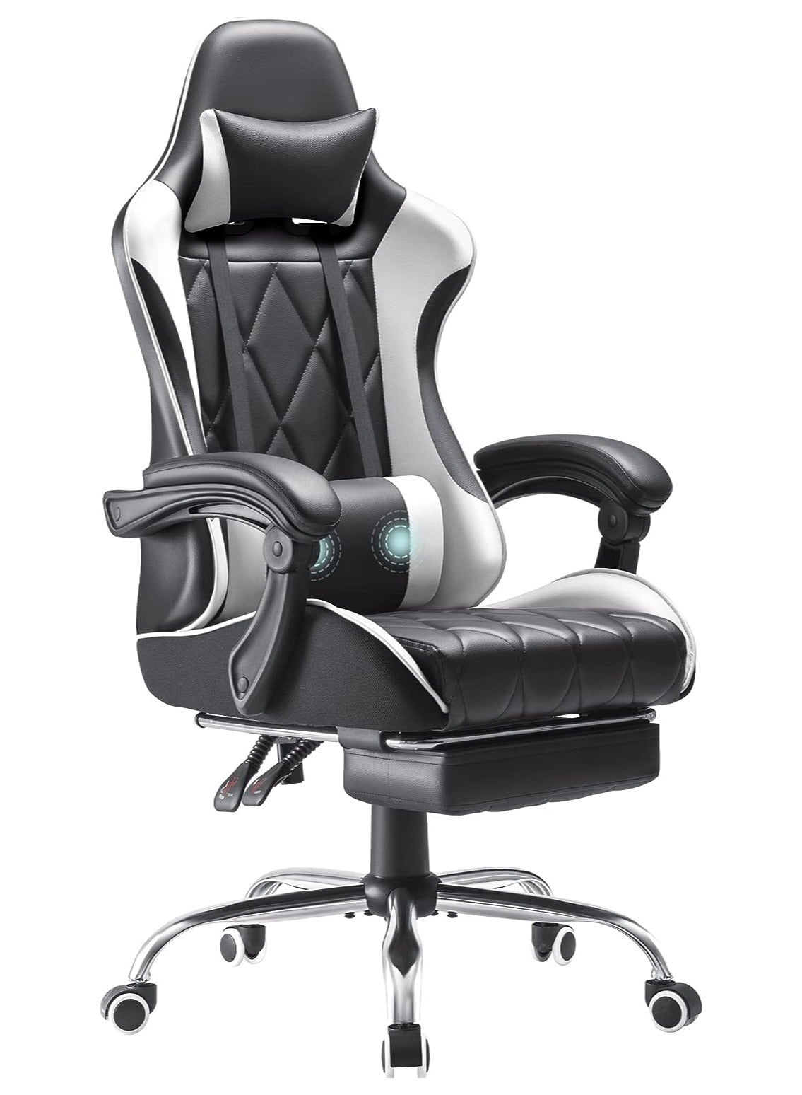 Compare Mahmayi Gaming Office, Computer Chair PC Chair with Massage Lumbar Support, Racing Style Faux Leather High Back Adjustable Swivel Chair with Footrest Black and White at KSA Price