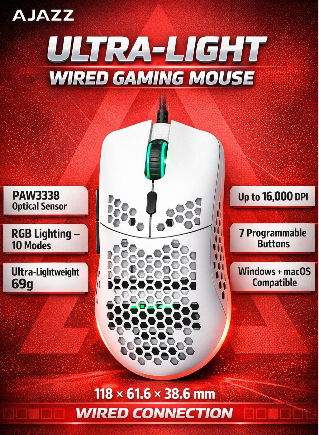 AJAZZ AJ390 Ultra-Light Gaming Mouse, 16000 DPI…