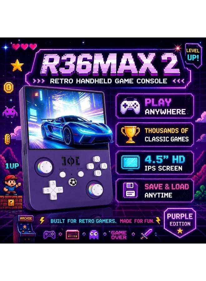 Compare R36MAX 2 Retro Handheld Game Console, 4.5 IPS HD Screen Portable Gaming Console, 1.5GHz CPU, Supports 30+ Emulators, 4000mAh Battery, Classic Retro Video Game Player – Purple at KSA Price