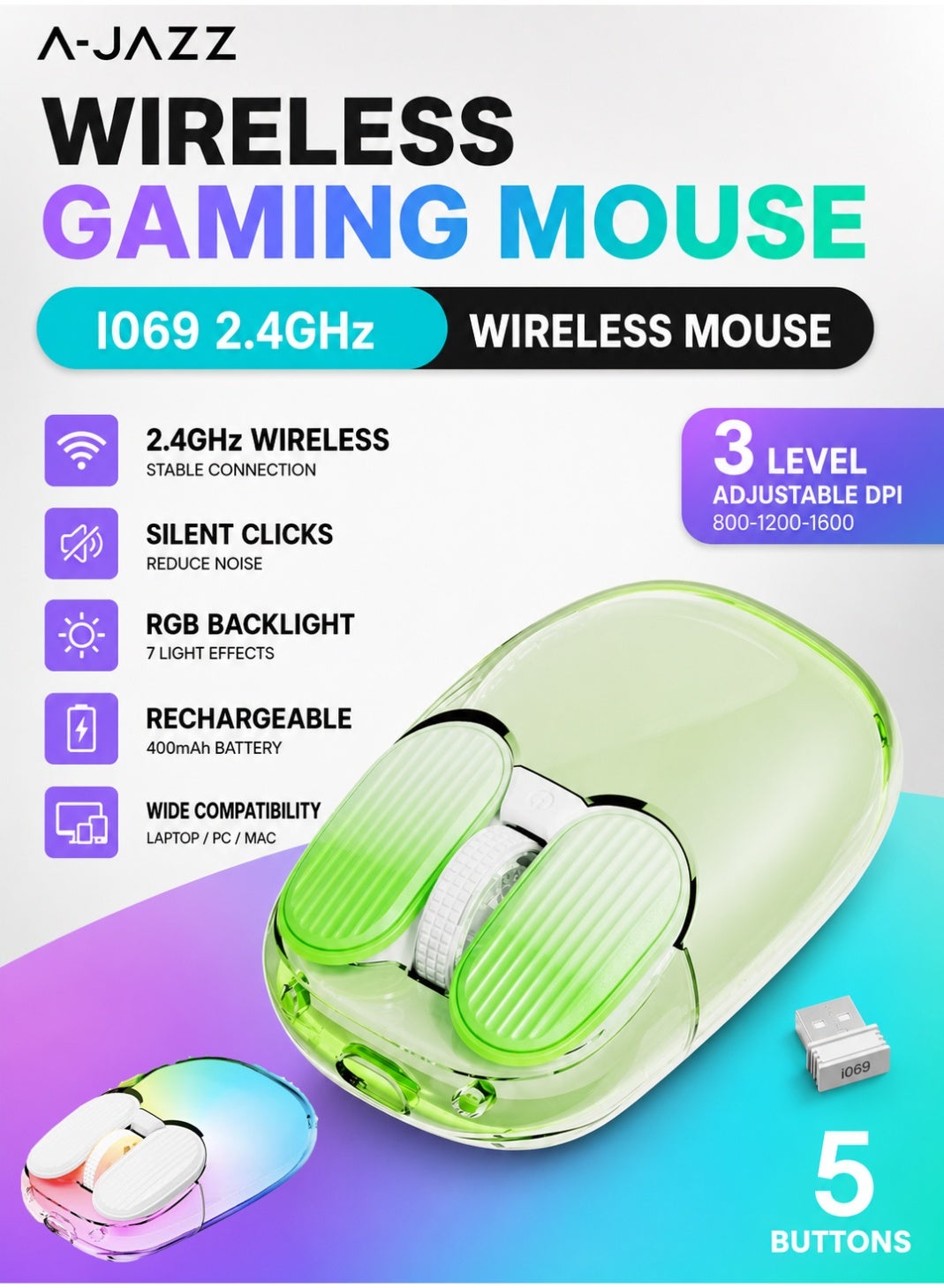 I069 2.4GHz Wireless Gaming Mouse,Portable Fully Transparent…