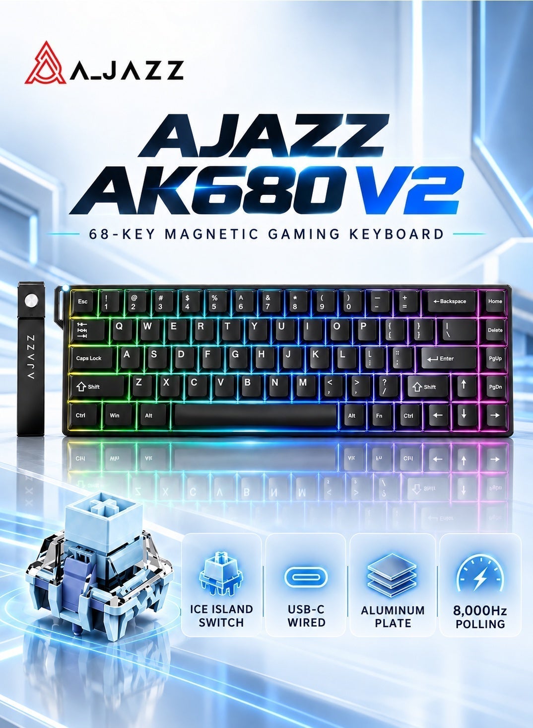 Compare AK680 V2 HE 60% Gaming Keyboard, Halleffect magnetic switches, magnetic switches with hotswap support, quicktrigger mode with adjustable trigger speed, 8000 Hz polling rate, RGB mini keyboard, 60% compact design, suitable for PC and esports, at KSA Price