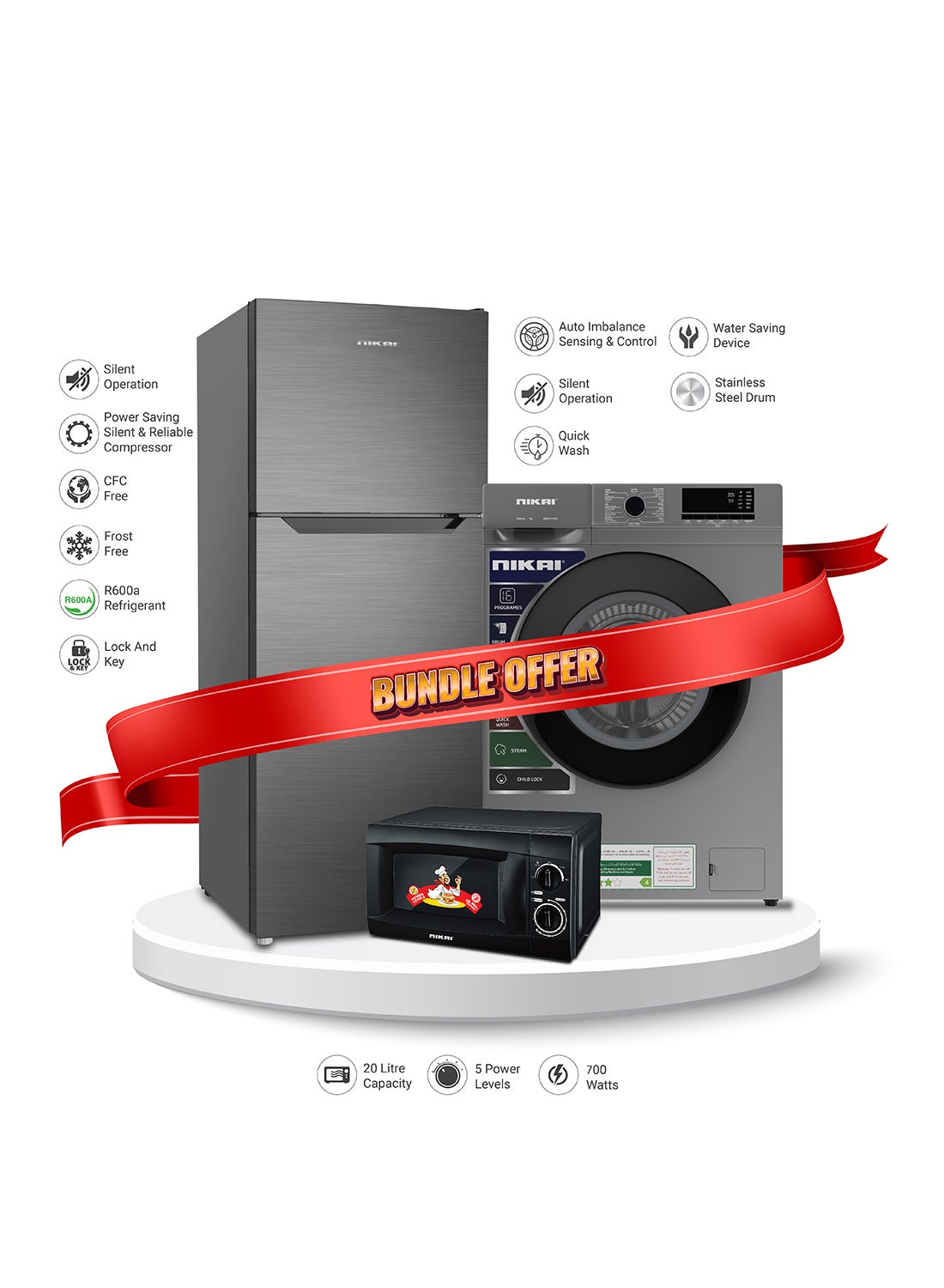 Compare Bundle 410L Double Door Refrigerator + 7kg FL Fully Automatic Washing Machine NWM700FN9S + Microwave 20L NMO616 113 W NRF410FSS+NWM+NMO Silver at KSA Price