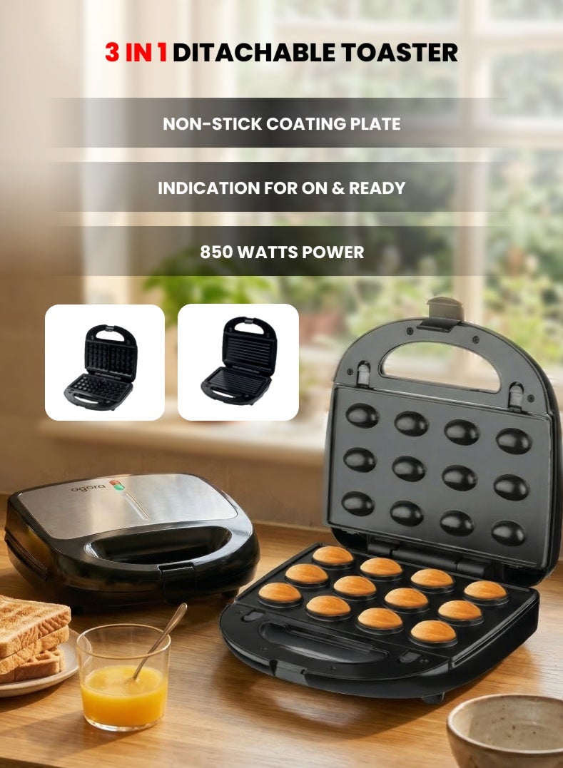 Compare 3?in?1 Detachable Toaster 850W | Grill, Waffle & Nut Maker | Interchangeable Non?Stick Plates | Thermostatic Control | Cool Touch Handle | Compact Snack Maker OG1303GT Black  | 2 Year Warranty at KSA Price