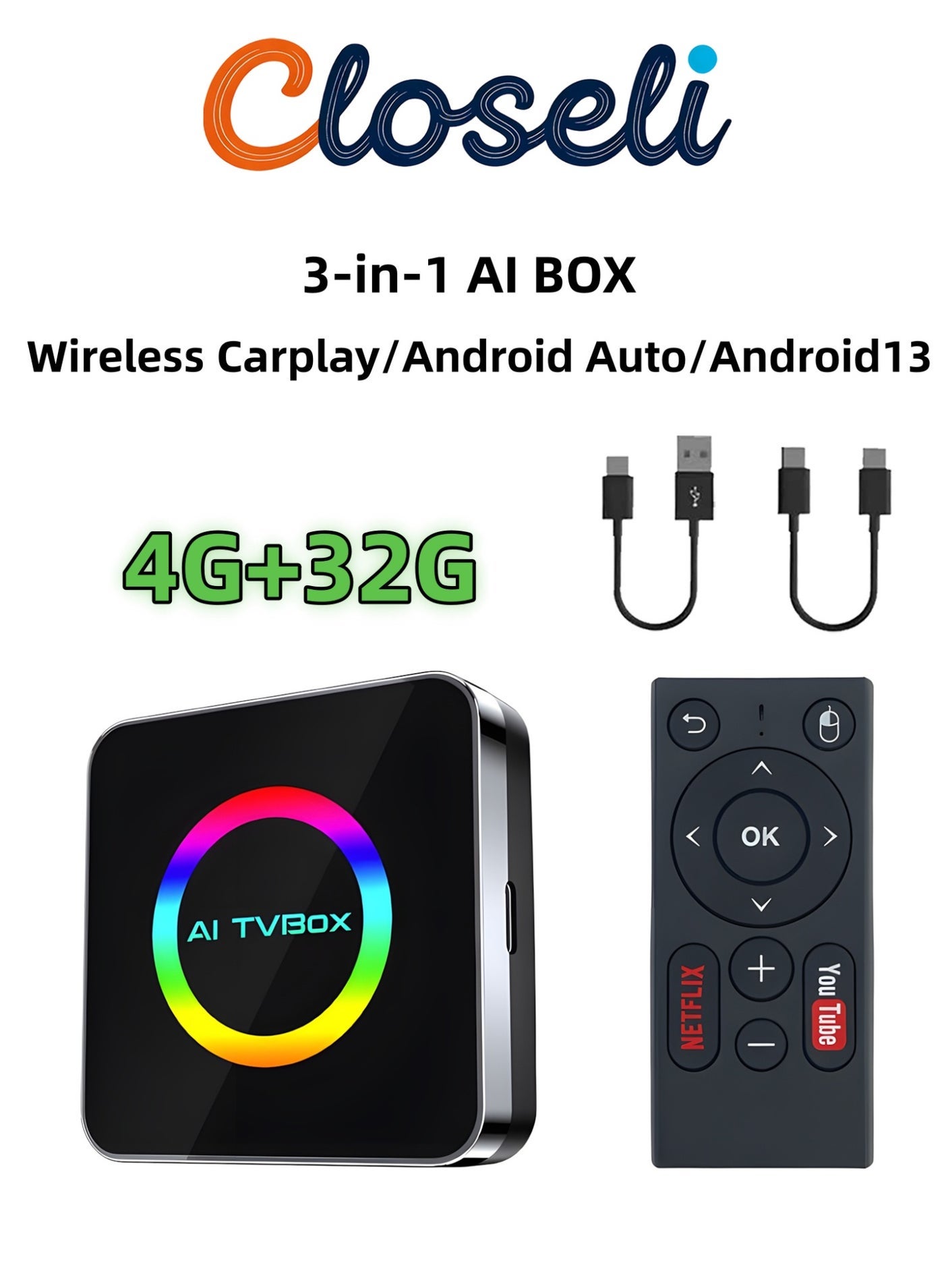 Compare 3in1 Wireless CarPlay Adapter & Android Auto Adapter, Wireless CarPlay Dongle,AI TV Box,Convert Wired CarPlay to Wireless, Plug & Play, with YouTube, Netflix & Mirror Link, Stable Connection, No Delay, Bluetooth & WiFi, USBATypeC Compatible（4G+32GB） at KSA Price