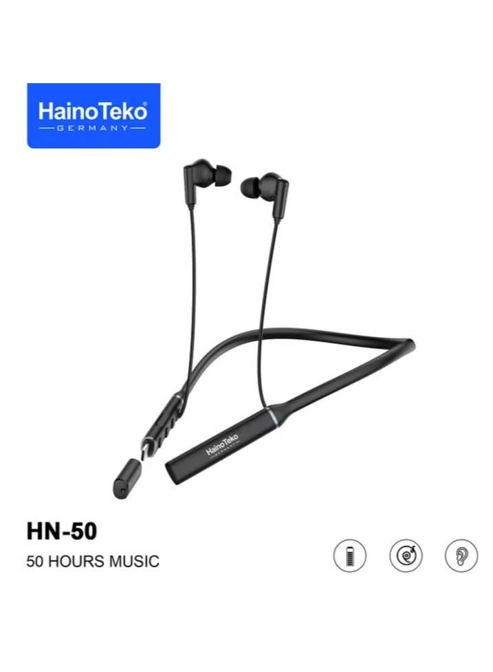 Compare HN50 Neckband Wireless Earphones  Bluetooth 5.0, HighQuality Sound, Deep Bass, Ergonomic Design, Long Battery Life, Comfortable Fit for Sports & Daily Use, Builtin Microphone, Noise Cancellation, Sweatproof – Black at KSA Price