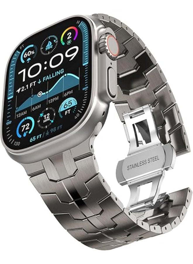 Compare Stainless Steel Band for Apple Watch Band Apple Watch Ultra 321 Band 49mm, Series 1110 46mm, 987 45mm, SE3SE2SE 654 44mm, 321 42mm, Metal Strap with Folding Clasp for Men, Titanium at KSA Price