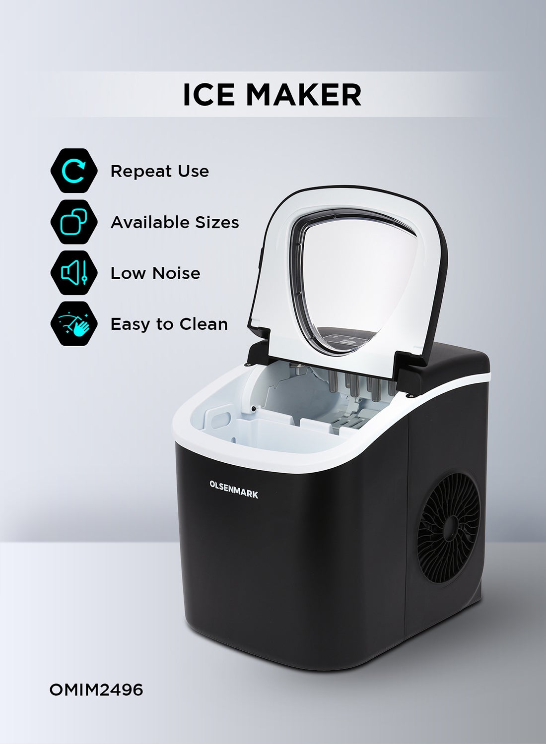Compare Ice Maker With Plug Drain, High Speed Fan, Bullet Shaped Ices Includes Basket And Scoop, Compact And Wide Use, Perfect For Home, Restaurants, Outdoor Parties, Camps 100 W OMIM2496LR Black at KSA Price