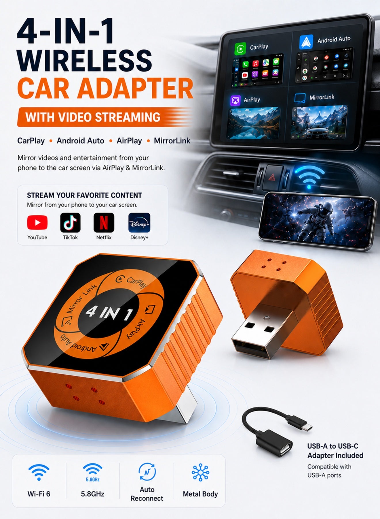Compare 4in1 Wireless CarPlay & Android Auto Adapter with Video Streaming, Plug & Play Fast AutoReconnect, Bluetooth 5.4 & WiFi 6, Upgraded Dongle for YouTube, Netflix, TikTok via AirPlay & MirrorLink, Mini Adapter with USBUSBC Port  Fits 98% of Vehicles at KSA Price
