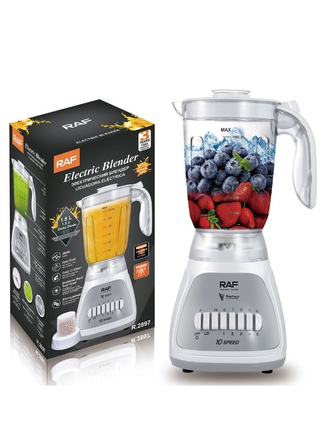 Compare High Performance RAF Electric Blender with Fast Start Function, 4 Blade Stainless Steel Cutting System, 1.5 Liter Transparent Jar, Strong Power Output for Smoothies, Juices, Soups, and Kitchen Convenience at KSA Price