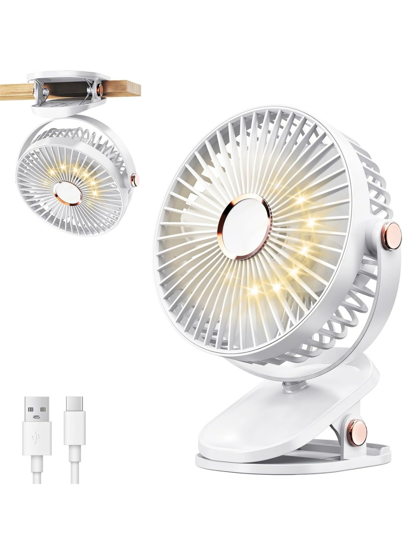 Compare Portable Clip on Fan with LED Lights, Battery Operated USB Desk Fan 5 Speed Quiet Rechargeable Mini Table Fan 360° Rotate Personal Cooling Fan for Home Office Stroller Camping at KSA Price