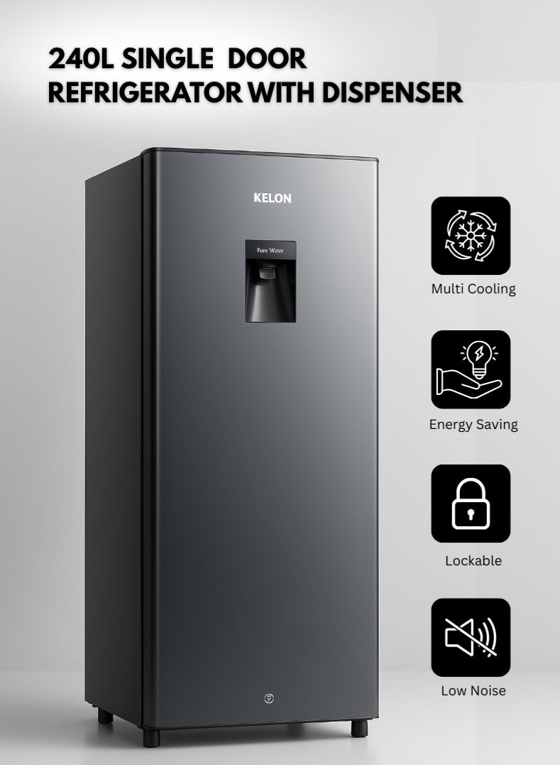 Compare 240 Liters Single Door Refrigerator with Builtin Water Dispenser, Compact Energy Efficient Fridge for Home, Office, or Apartment – Spacious Storage with Glass Shelves, Large Vegetable Crisper, Low Noise Operation, EcoFriendly Cooling Technology, Du at KSA Price