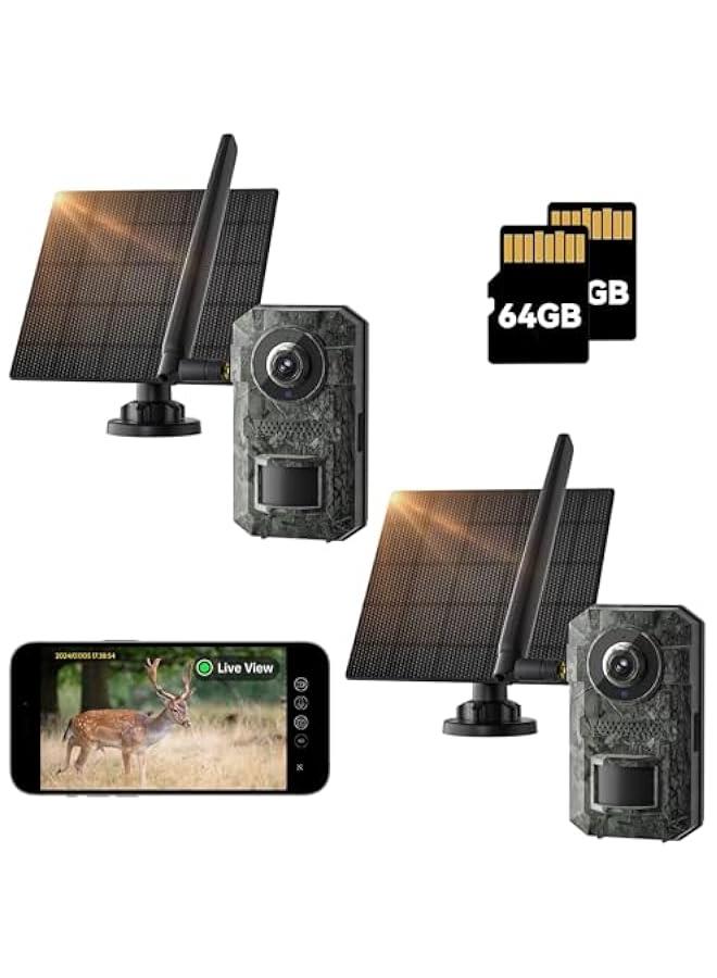 Compare Trail Camera 2 Pack, 2k HD Live Cellular Trail Cameras, BuiltIn Sim Card,With 64g Memory Card,Game Camera Solar Powered, PIR Motion Activated 0.1s Trigger Time, IP66 Waterproof , with Night Vision at KSA Price
