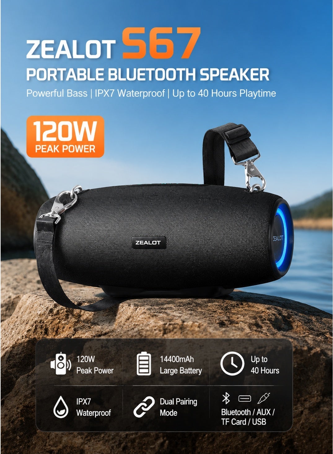 Compare ZEALOT S67 120W Bluetooth Speaker Portable Wireless Speaker Deep Bass Stereo Sound IPX7 Waterproof Outdoor Speaker With Shoulder Strap 14400mAh Battery 40H Playtime AUX TF USB Playback at KSA Price