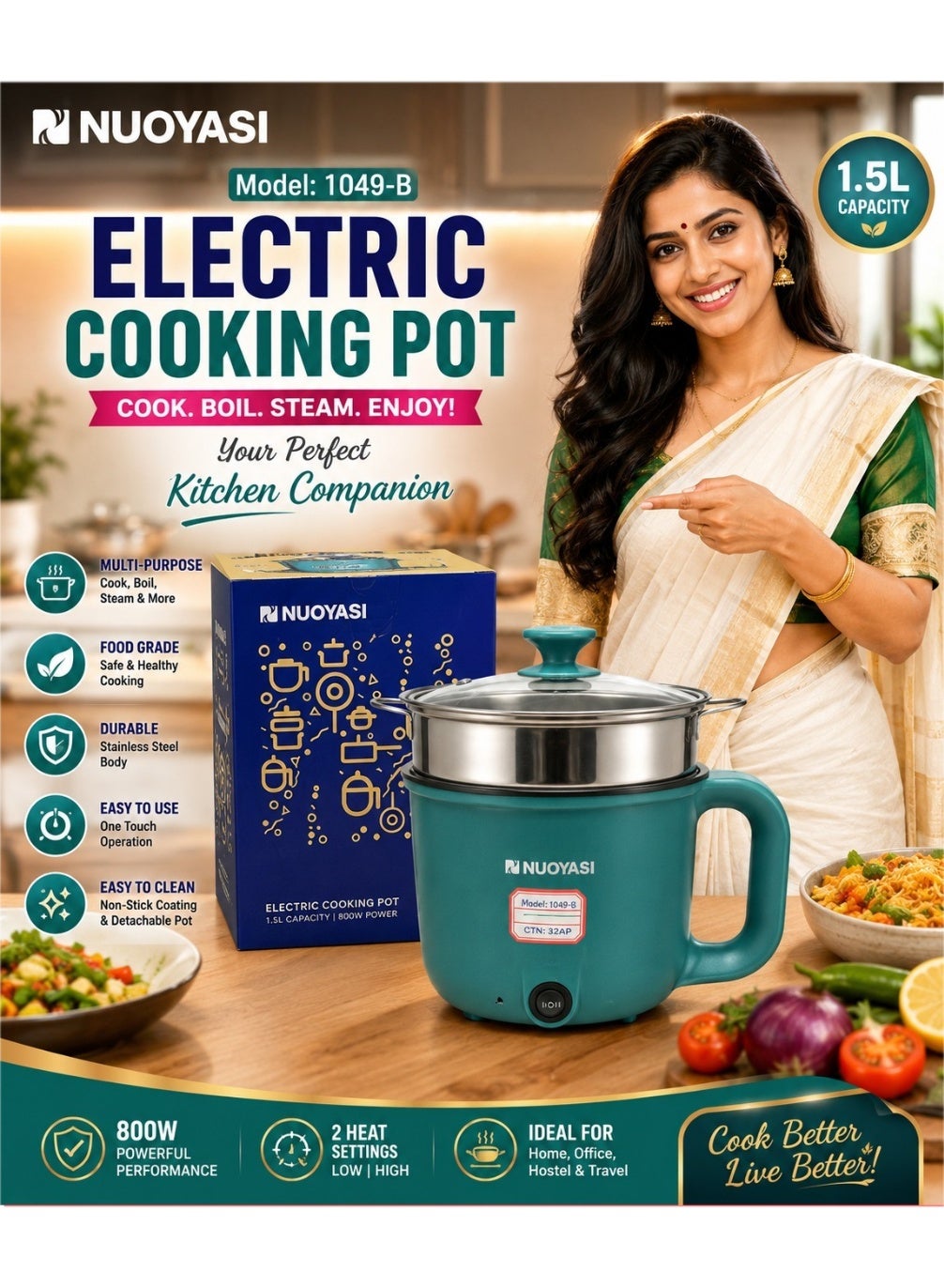 Compare NUOYASI 1.5L Electric Cooking Pot for Smart Kitchen Cooking 1.5L electric pot, featuring quick boiling, steaming, durable design, easy cleaning, and efficient heating for homes, offices, hostels, and everyday delicious meals with confidence. at KSA Price