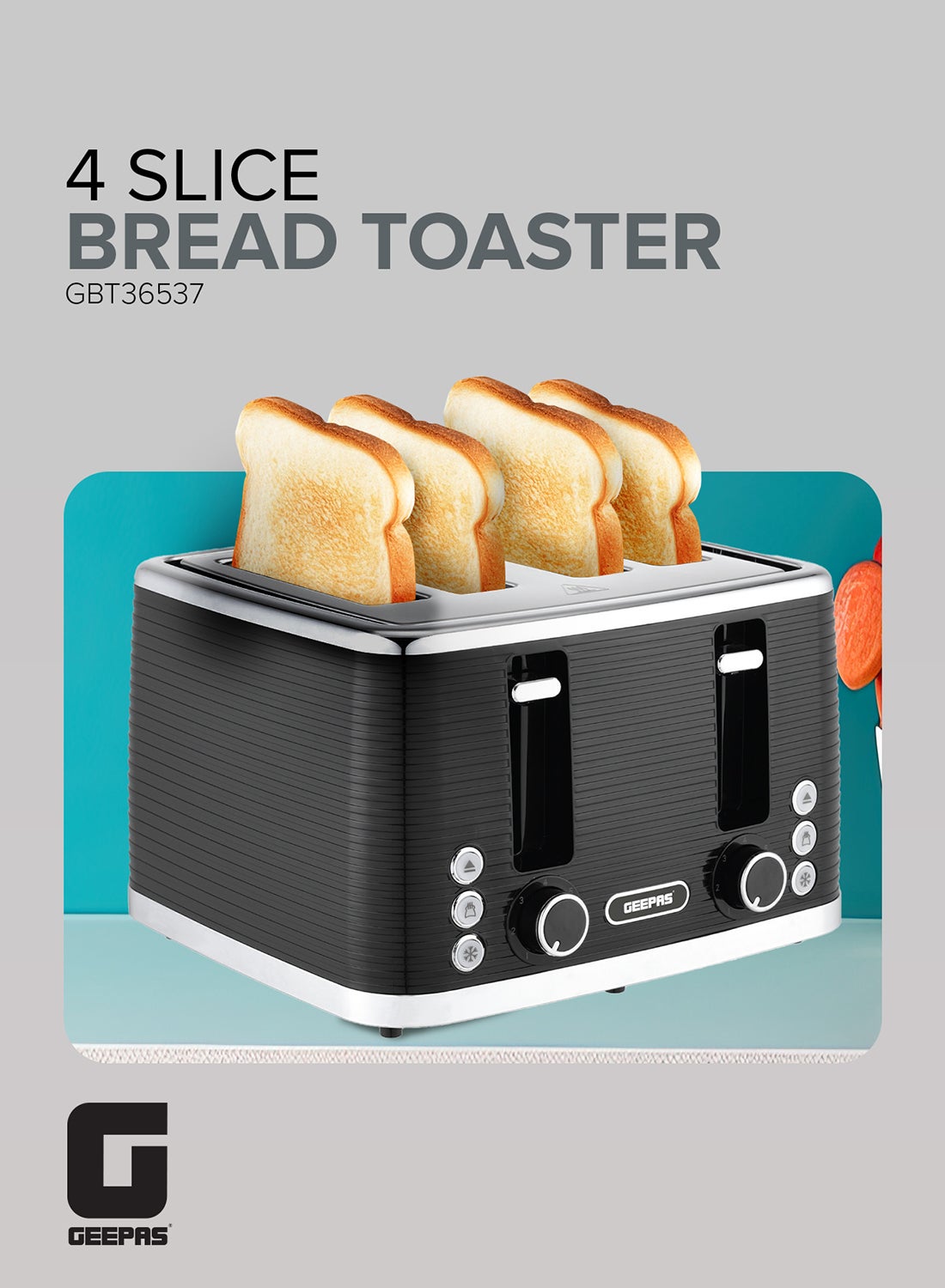 Compare Geepas 4 Slice Bread Toaster GBT36537N Adjustable Browning Control and Removable Crumb Tray, Defrost, Reheat and Cancel Functions Perfect for Toasting Different Types Breads 2 Years Warranty, 1600 W GBT36537 Black at KSA Price