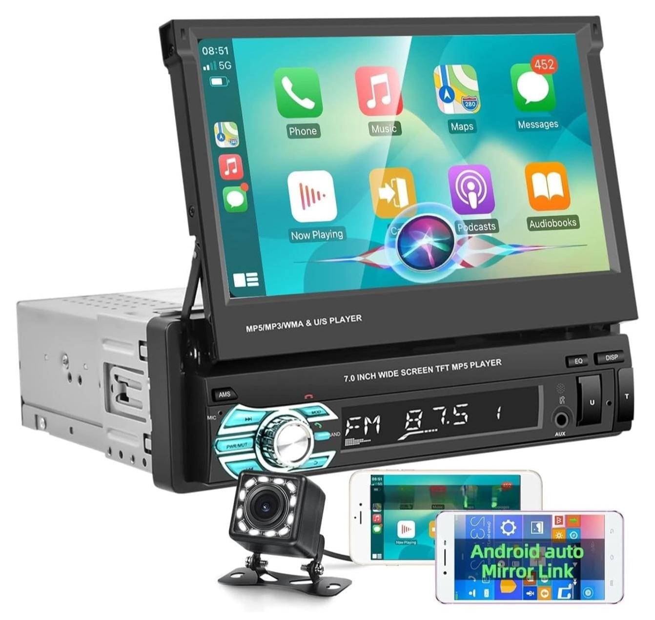 Single Din Touch Screen Car Stereo with Carplay,…