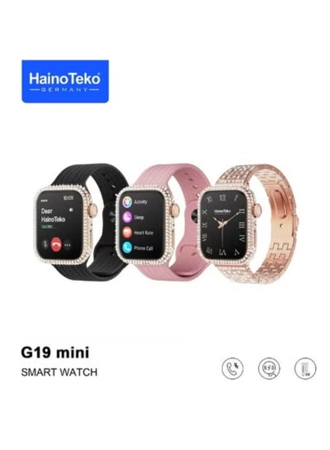 Compare G19 Mini Smart Watch with AMOLED Display, 3 Interchangeable Straps, Health Monitoring, Notifications, Fitness Modes & Charging Cable – Compact Elegant Design for Ladies at KSA Price