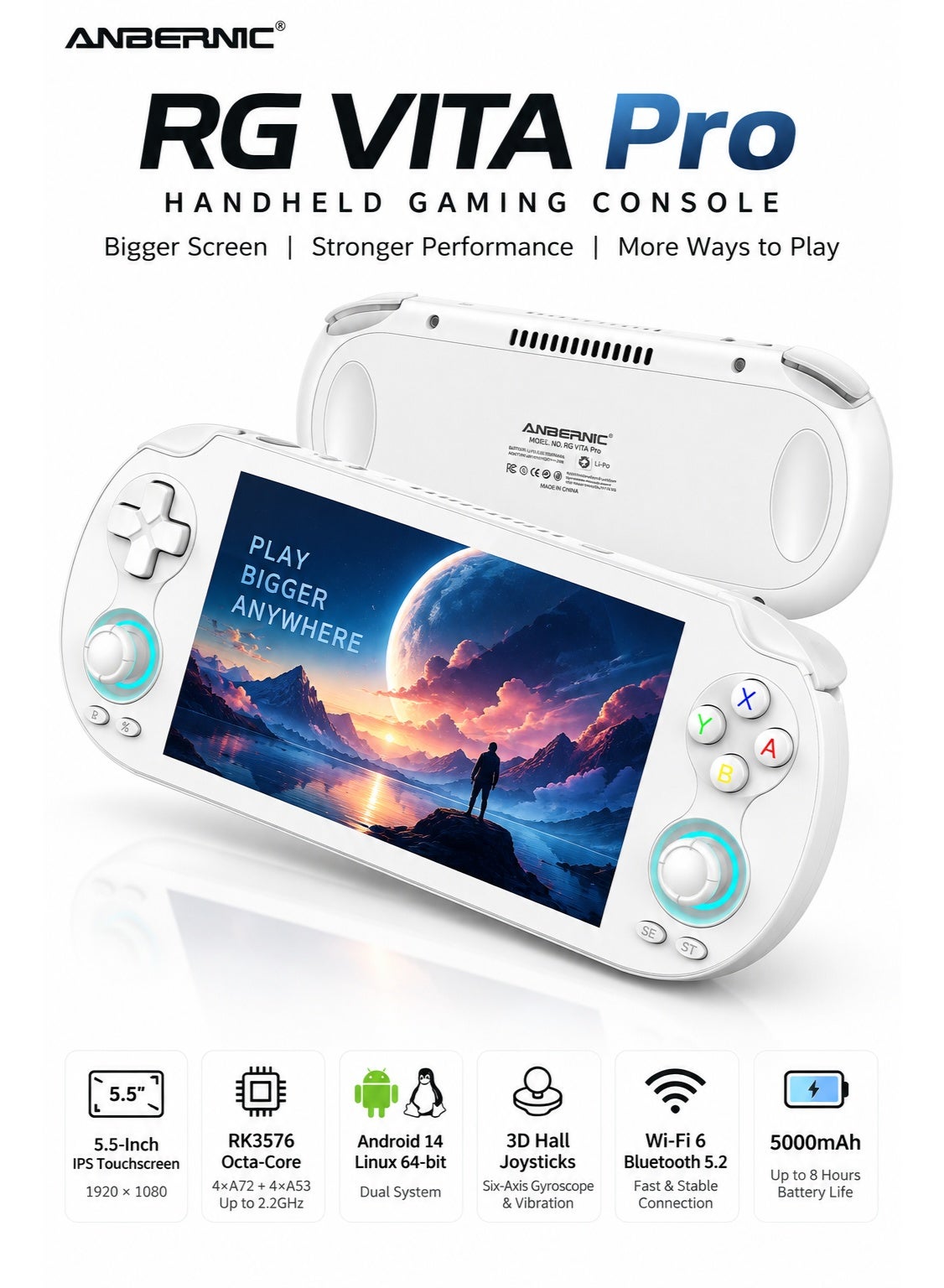 Compare ANBERNIC RG VITA Pro Handheld Game Console, 5.5Inch 1080P IPS Touchscreen, RK3576 OctaCore, Android 14Linux 64Bit, 4GB+64GB, Hall Joysticks, WiFi 6, Bluetooth 5.2, 5000mAh, White at KSA Price