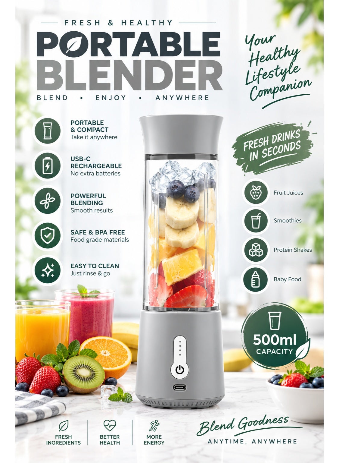 Compare Portable Blender 500ML, Smoothie Blender, Portable Juicer Blender Smoothie Maker, Mini blender, High Speed 6Blades for Office,Gym,Outdoor,Home,Travel,Baby Food Blender at KSA Price