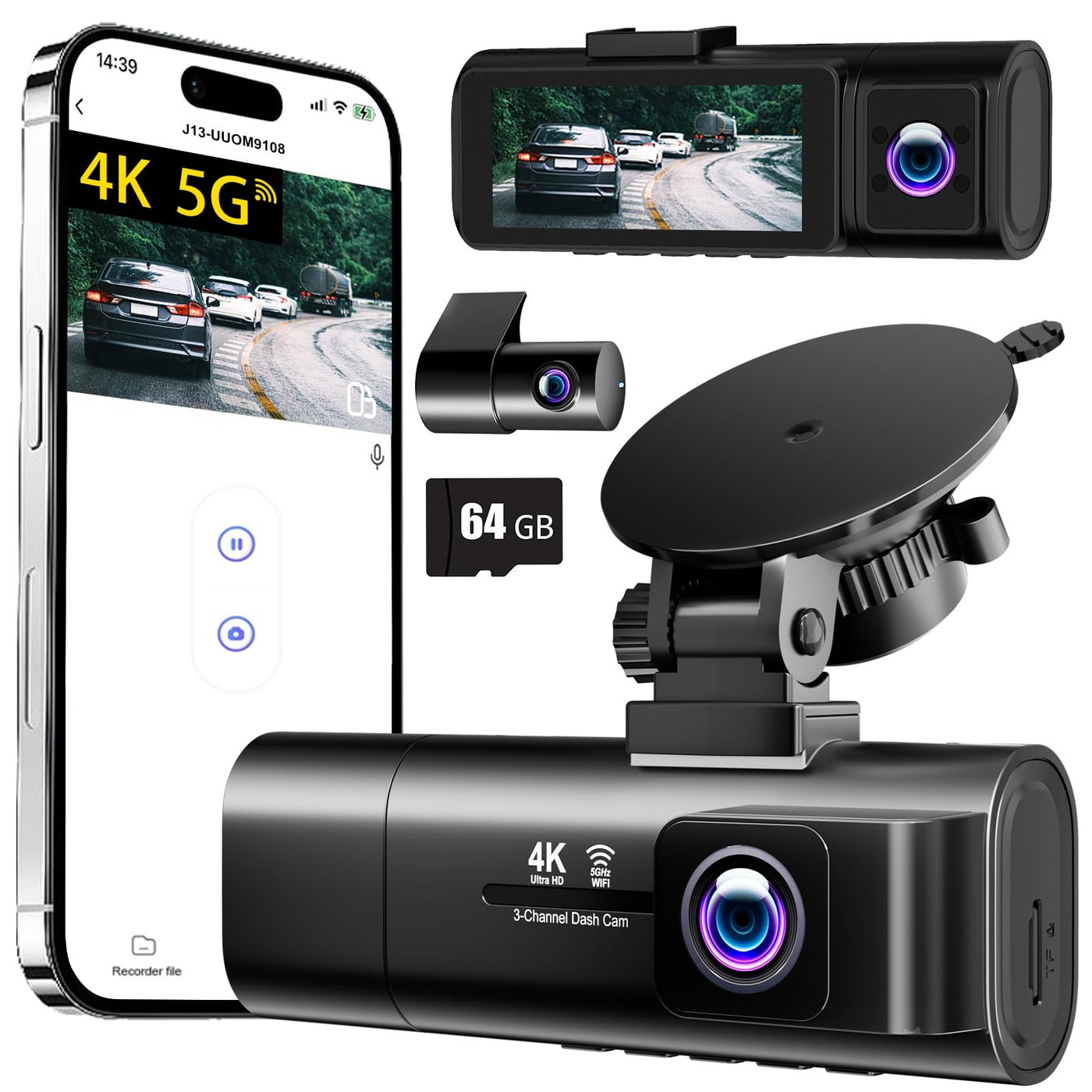 3 Channel 4K Dash Cam Front Inside and…
