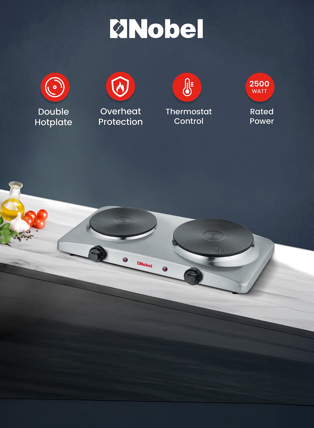 Compare Electric Dual Hot Plate with Overheat Protection and Indication Light  and 185mm + 155 mm Hot Plate 2500 W NHP402SS Silver at KSA Price