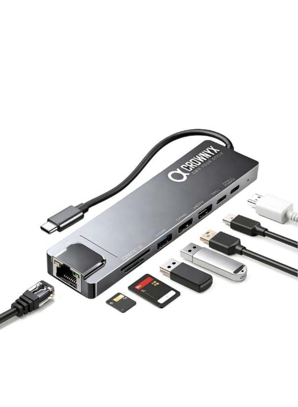 Compare CROWNYX CMH180 8in1 USBC Hub Multiport Adapter | 4K UHD HDMI, RJ45 Ethernet 100Mbps, 37W Power Delivery, 3 USB 3.0, SDTF Card Reader | TypeC Dock for MacBook, Laptop, iPad & Workstation at KSA Price