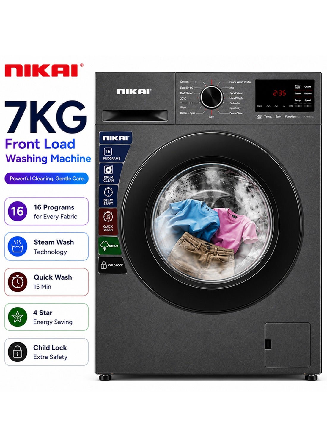 Compare Nikai 7KG 16 Programs Front Load Washer, Steam Wash, 4 Star Energy Saving, Fully Automatic Washing Machine, Digital LCD Display, Child Lock, Automatic Balancing for Stable & NoiseFree Performance – 7 kg 137 kW NWM701FN9S Silver at KSA Price