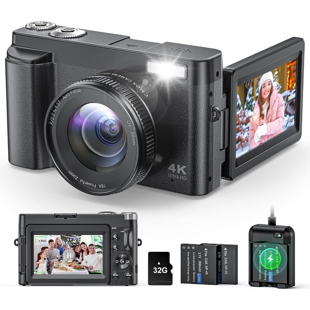 Compare Digital Camera 4K Autofocus Camera Digital Camera with Selfie 64MP 16X Zoom AntiShake, Camera Photo Camera Builtin Flash for Teenagers Beginners, 2 Batteries and Charger No SD Card at KSA Price