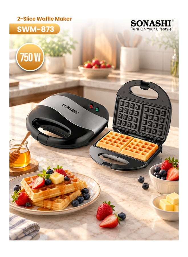 Compare 2Slice Waffle Maker with NonStick Waffle Plate for Easy Use and Cleaning | Featured with Cool Touch Body, Handle Lock and Indicator Lights 750 W SWM873 BlackSilver at KSA Price
