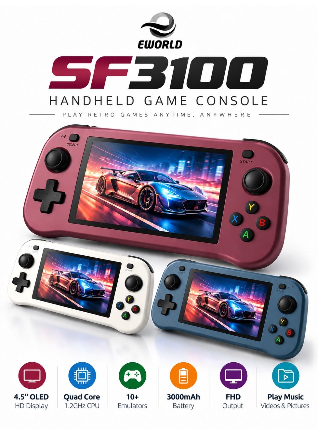 Compare SF3100 Handheld Game Console, 4.5Inch HD Color Display 854×480, 1.2GHz DualCore Processor, Linux System, 3000mAh Rechargeable Battery, 20,000 BuiltIn Games, 2GB DDR3 RAM, 10+ Emulator Support, FHD TV Output, Portable Retro Gaming Console with Music, Video & Picture Support at KSA Price