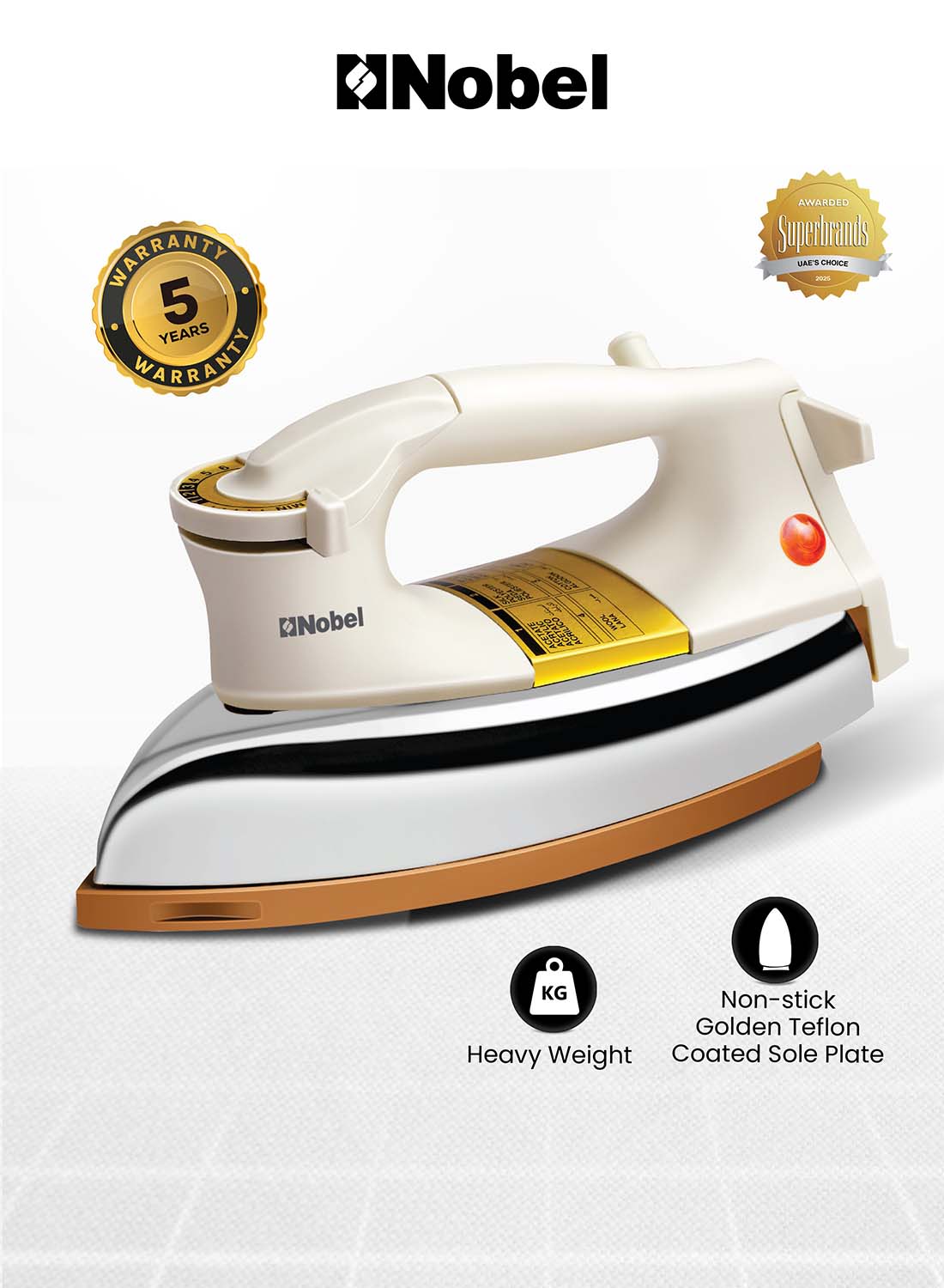 Compare Heavy Duty Dry Iron 1000W, 2.1Kg with NonStick Soleplate, Adjustable Thermostat, Auto ShutOff & Silver Cocated Body 1000 W NDI707 Silver at KSA Price