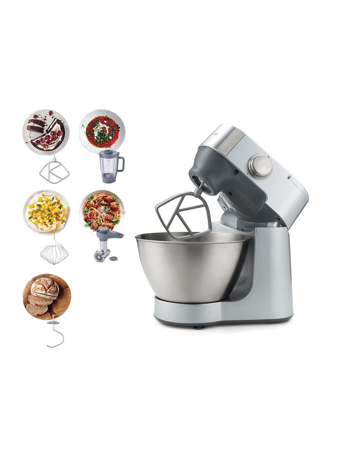 Compare Kenwood Stand Mixer Kitchen Machine Prospero  With  Stainless Steel Bowl, KBeater, Whisk, Dough Hook, Blender, Meat Grinder 4.3 L 900 W KM281SI GreySilver at KSA Price