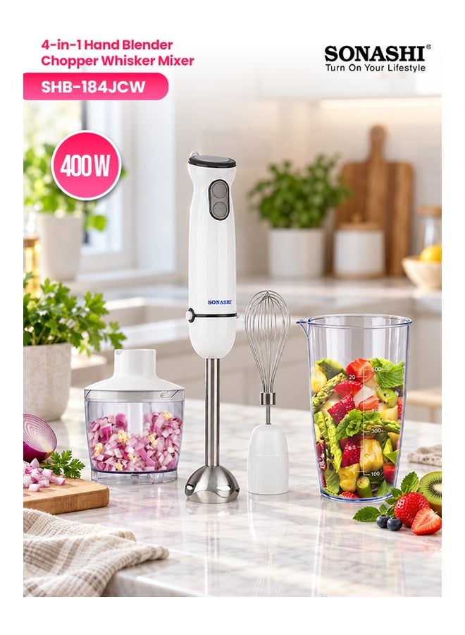 Compare 4in1 Hand Blender Chopper Whisker Mixer | Durable Stainless Steel Blade & Removable Stick | Comes with 600ml Plastic Jar, 500ml Chopper and Blending Wand | Power Watt 400 SHB184JCW White at KSA Price