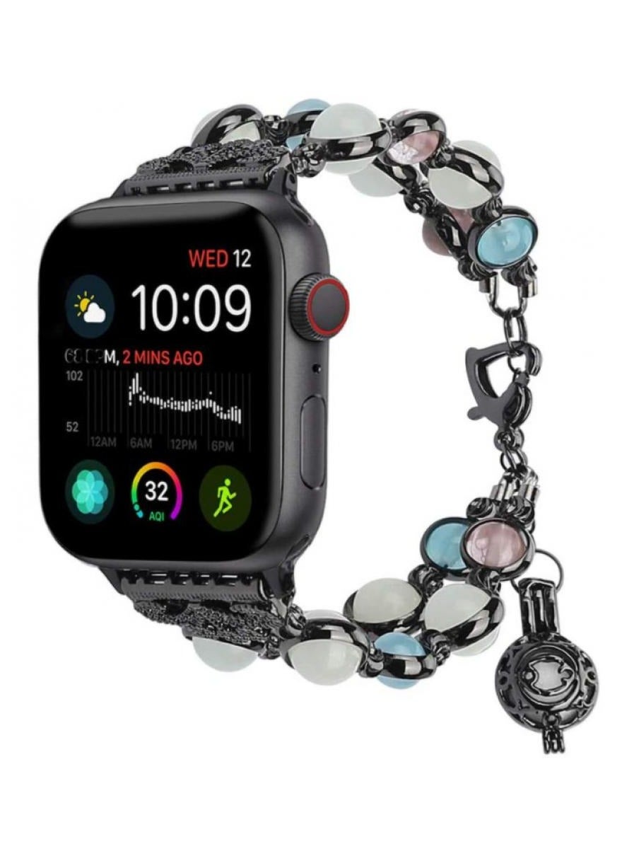 Compare Luminous Beaded Apple Watch Band – Elastic Pearl Strap for Women & Girls, Glows in the Dark – Compatible with Apple Watch Series 1–7 Black at KSA Price