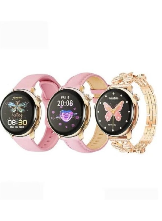 Compare Hanio Teko G12 Mini Girls Smartwatch with Round AMOLED Display, Gold Finish, 3 Extra Straps & Charging Cable at KSA Price