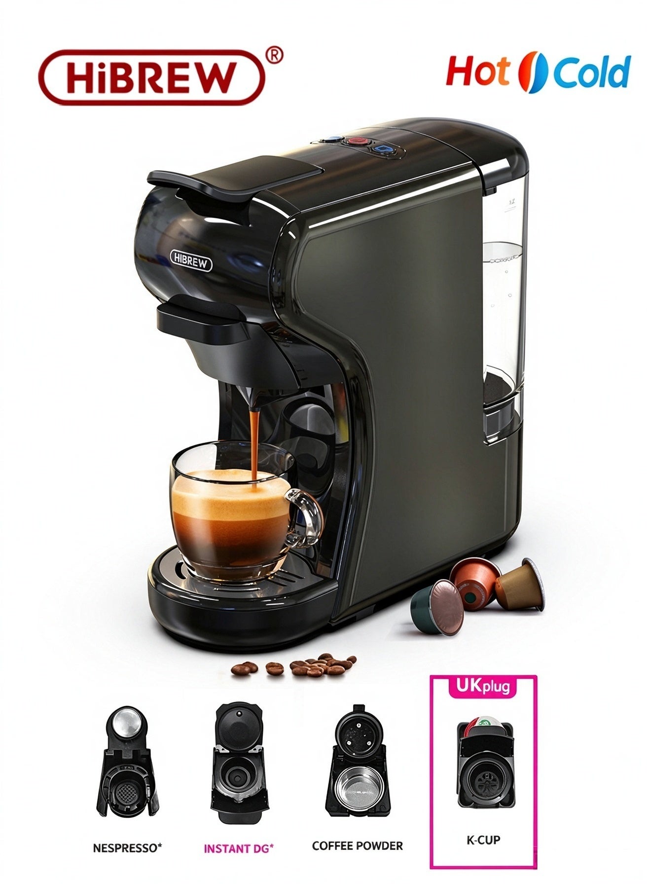 Compare HiBREW 4 in 1 Multifunction Espresso Coffee Machine Hot and Cold Brew Capsule Espresso Maker with 4 adaptors For Nes&DG&ESE Ground Coffee K cup H1A Black at KSA Price