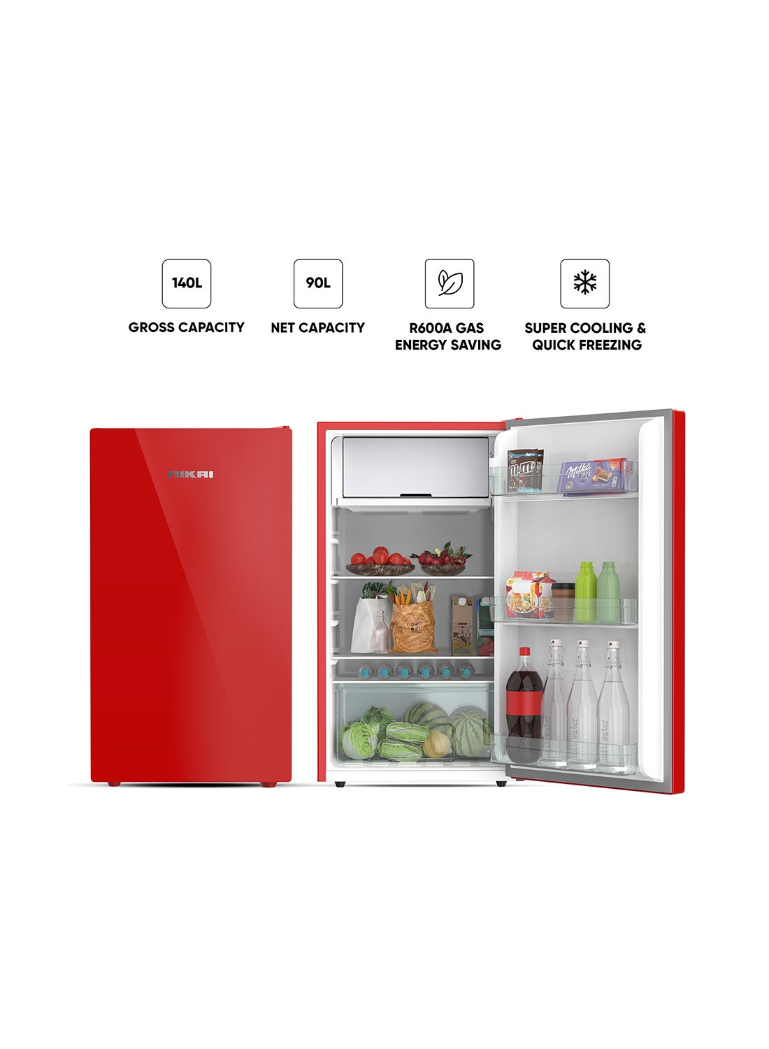 Compare 140L Gross  90L Net, Single Door Refrigerator with Glass Finish, 2L Bottle Holder, Glass Shelves, Separate Chiller Compartment, Mini Fridge for Kitchen, Bedroom, Office & Bar  172 W NRF140GR Red at KSA Price