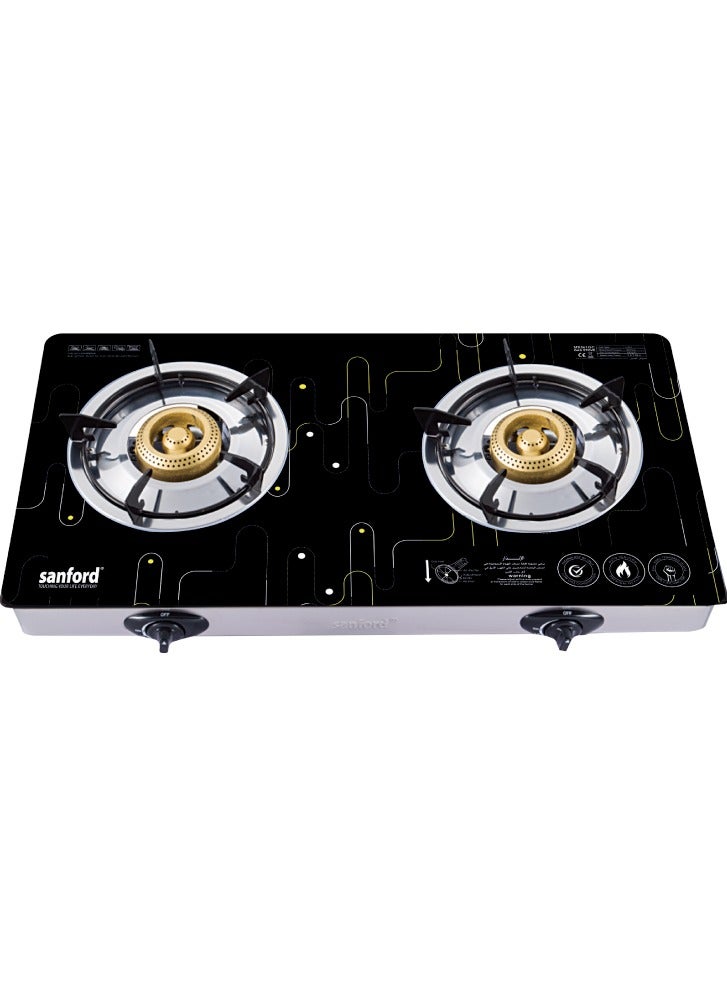 Compare 2 Burner Glass top Gas Stove, 8mm Hard Tempered Extra Glass Panel, Auto Ignition, Indian Burner, Heavy Cast Iron Burner, Stainless Steel Frame & Tray, Blue Flame, Low Gas Consumption SF5361GC 2B Black Pattern2 at KSA Price