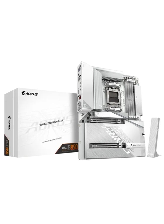 Compare B850 AORUS STEALTH ICE ATX Motherboard, AMD AM5, DDR5 8200MHz OC, PCIe 5.0 x16, 4× M.2 PCIe 5.04.0, WiFi 7 + Bluetooth 5.4, 5GbE LAN, HDMI 2.1, USBC, White | 9MB85STLE00G10 at KSA Price
