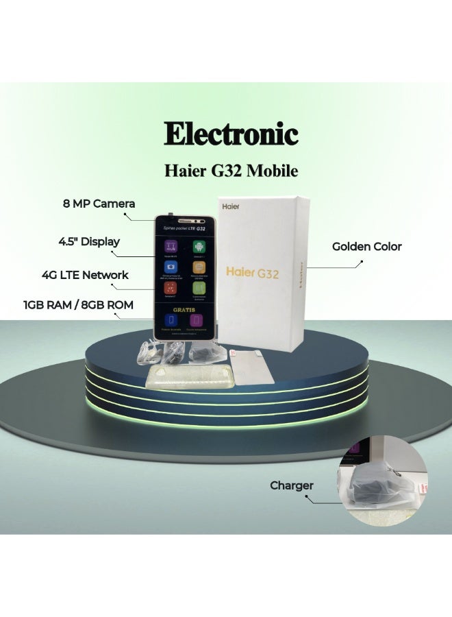 Compare Haier G32 4G LTE Smartphone Golden | 4.5 Display, 8MP Camera, 1GB RAM8GB ROM | Complete Kit with Screen Protector, Transparent Back Cover, Charger & Handsfree at KSA Price