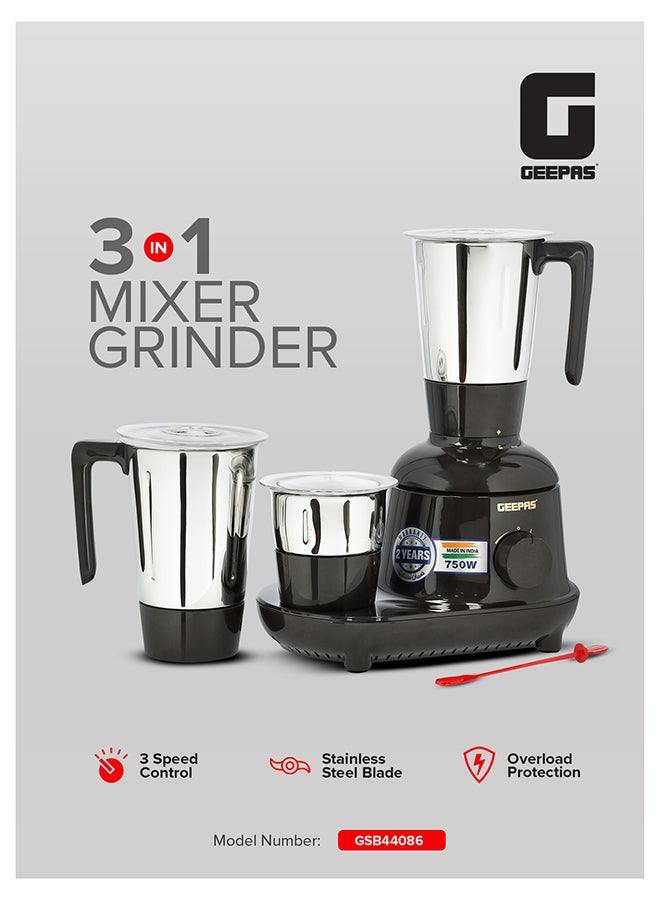 Compare Mixer Grinder 3 in 1 Powerful Grinder Stainless Steel Jars & Blades Safety Twist Lock 750 W GSB44086 Black at KSA Price
